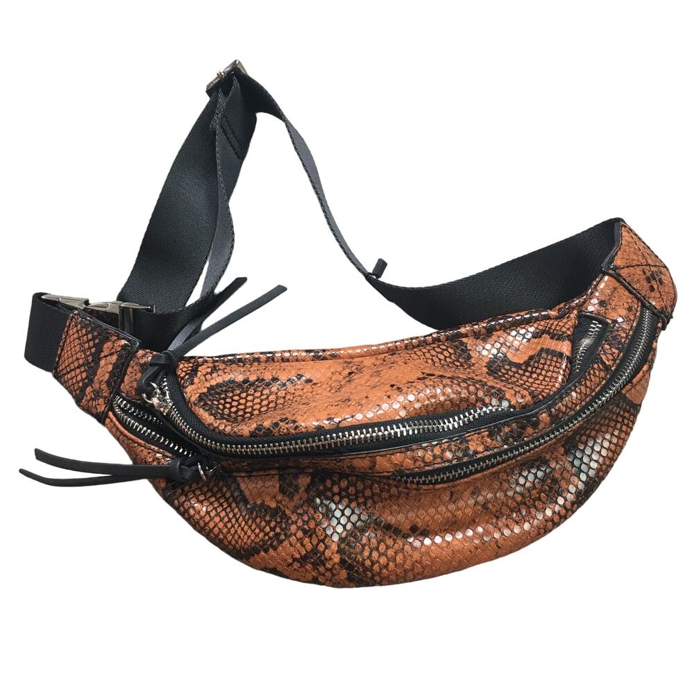 Mango Leather Faux Snakeskin Belt Fanny Bag Adjustable Strap Zip Rust Orange